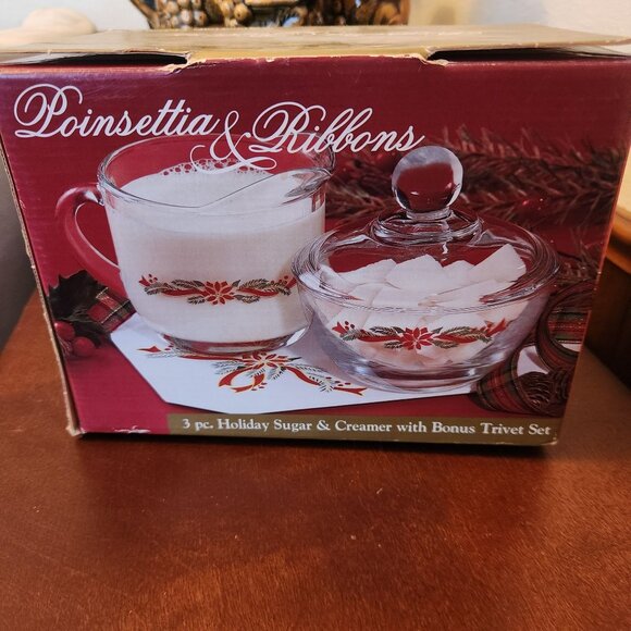 3 Pc Anchor Hocking Holiday Sugar & Creamer Set Poinsettia and Ribbon Design - Picture 2 of 10